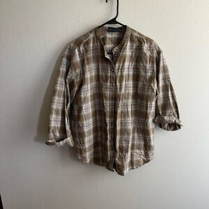Brown/Green Plaid Band Collar Shirt